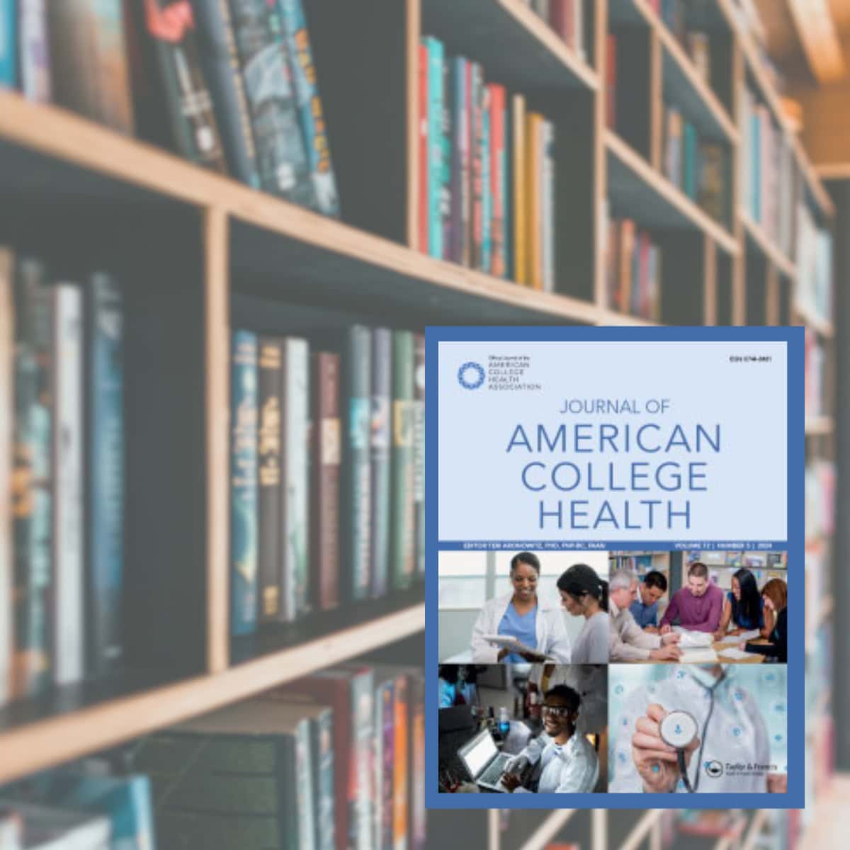 A cover of the Journal of American College Health on top of a background of library bookshelves