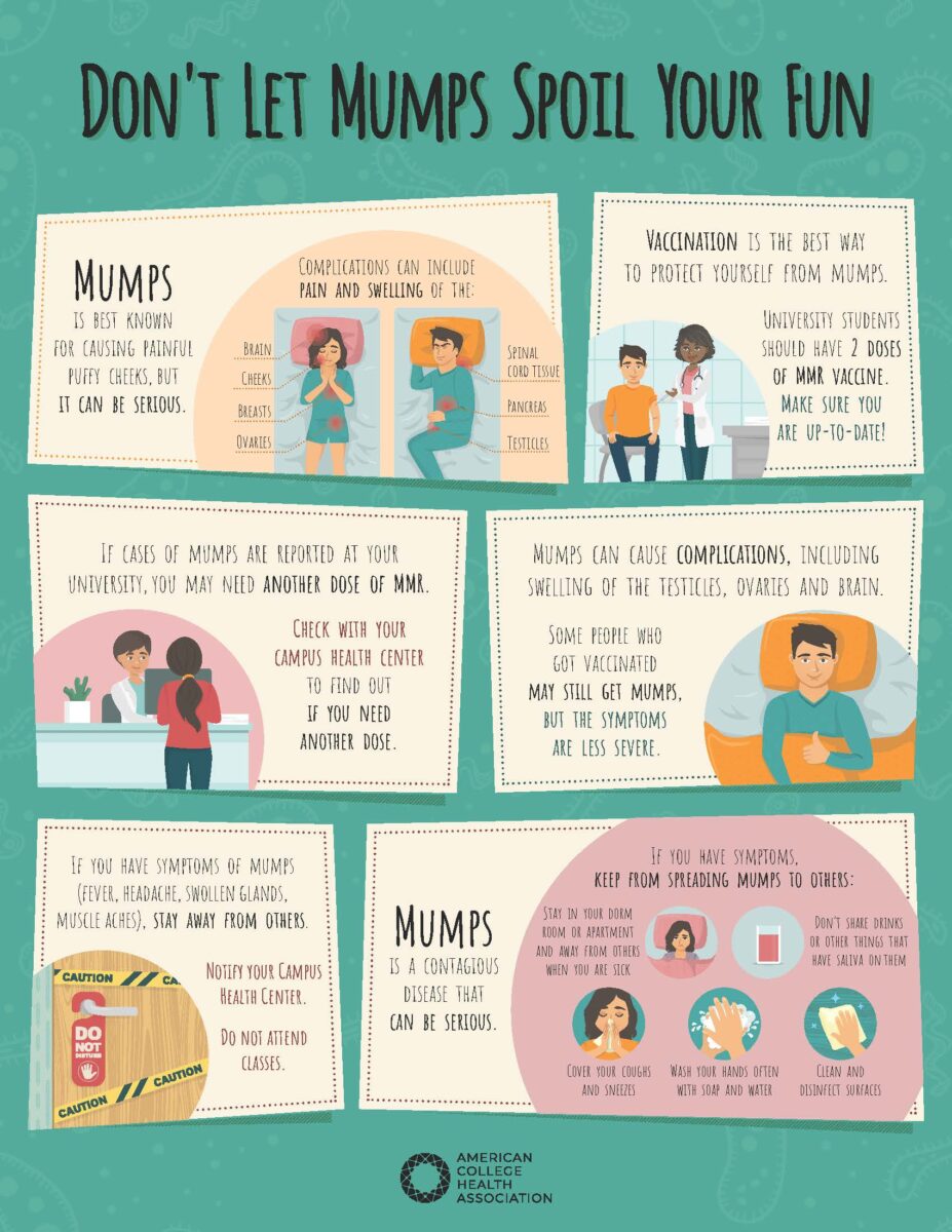 Don't Let Mumps Ruin Your Fun poster containing information on mumps symptoms, transmission, and vaccination.