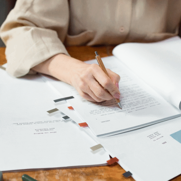 A person reading and revising a report while sitting at a desk.