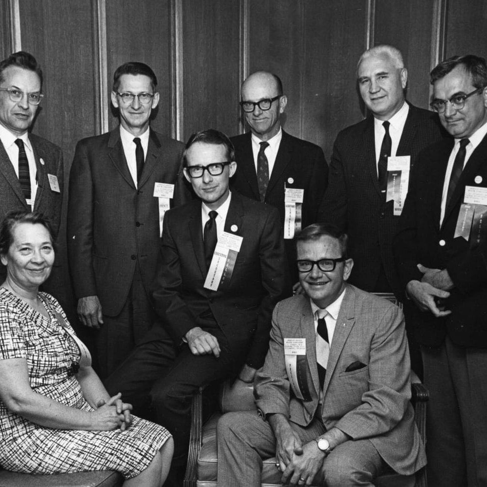 A black and white photo of the 1968 ACHA Executive Committee