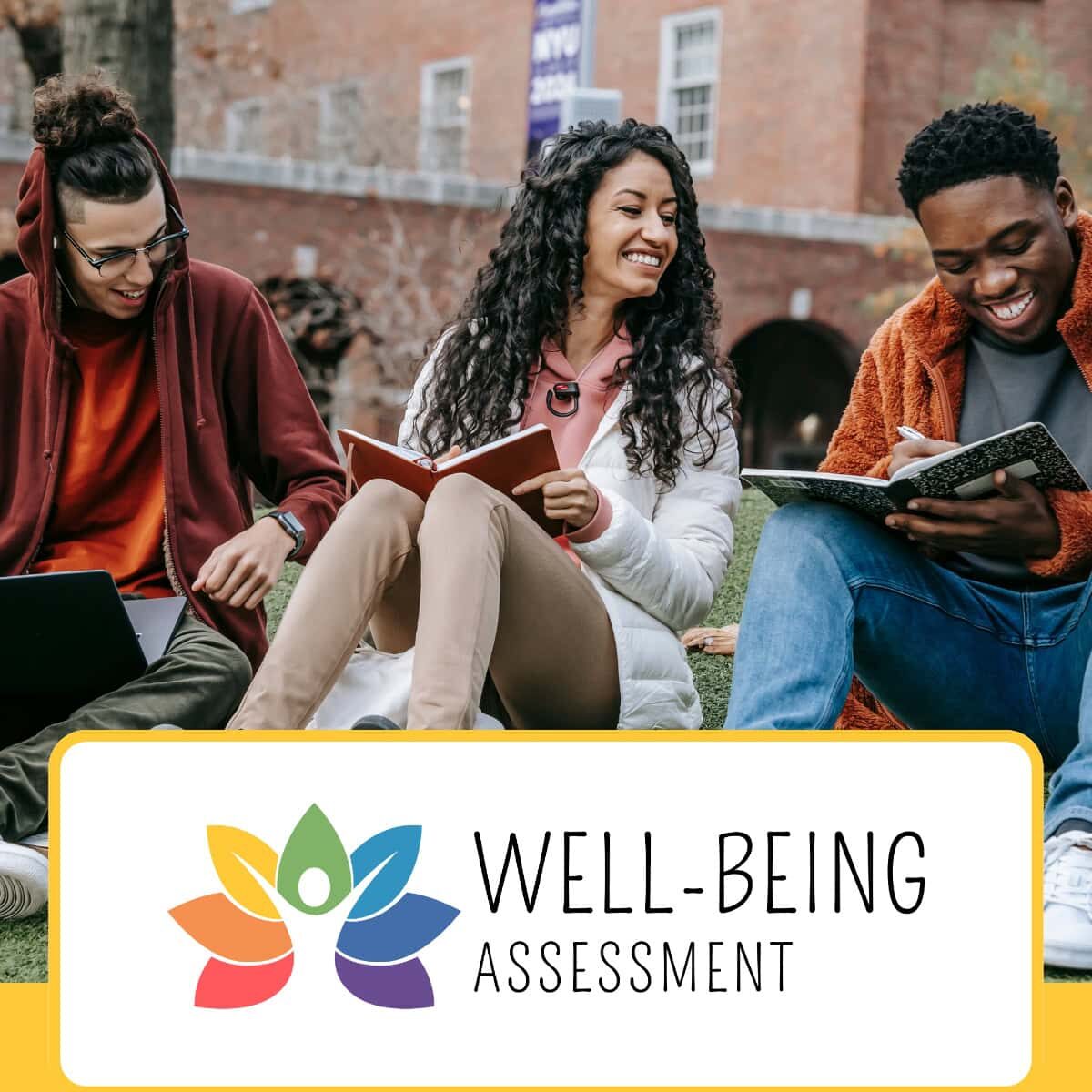 A background image of three college students smiling and studying together outside on the lawn with the ACHA Well-Being logo on top