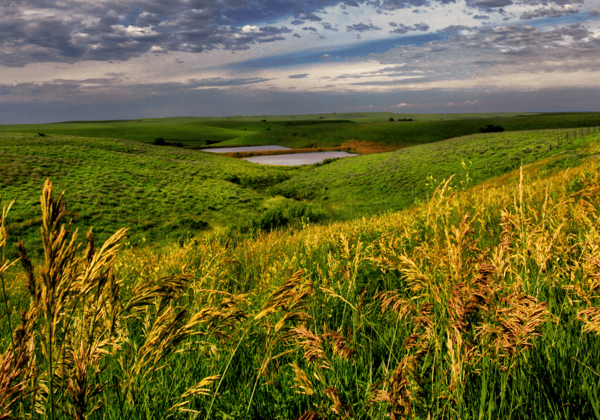 Kansas Flint Hills - a vast green prairie with blue sky and clouds