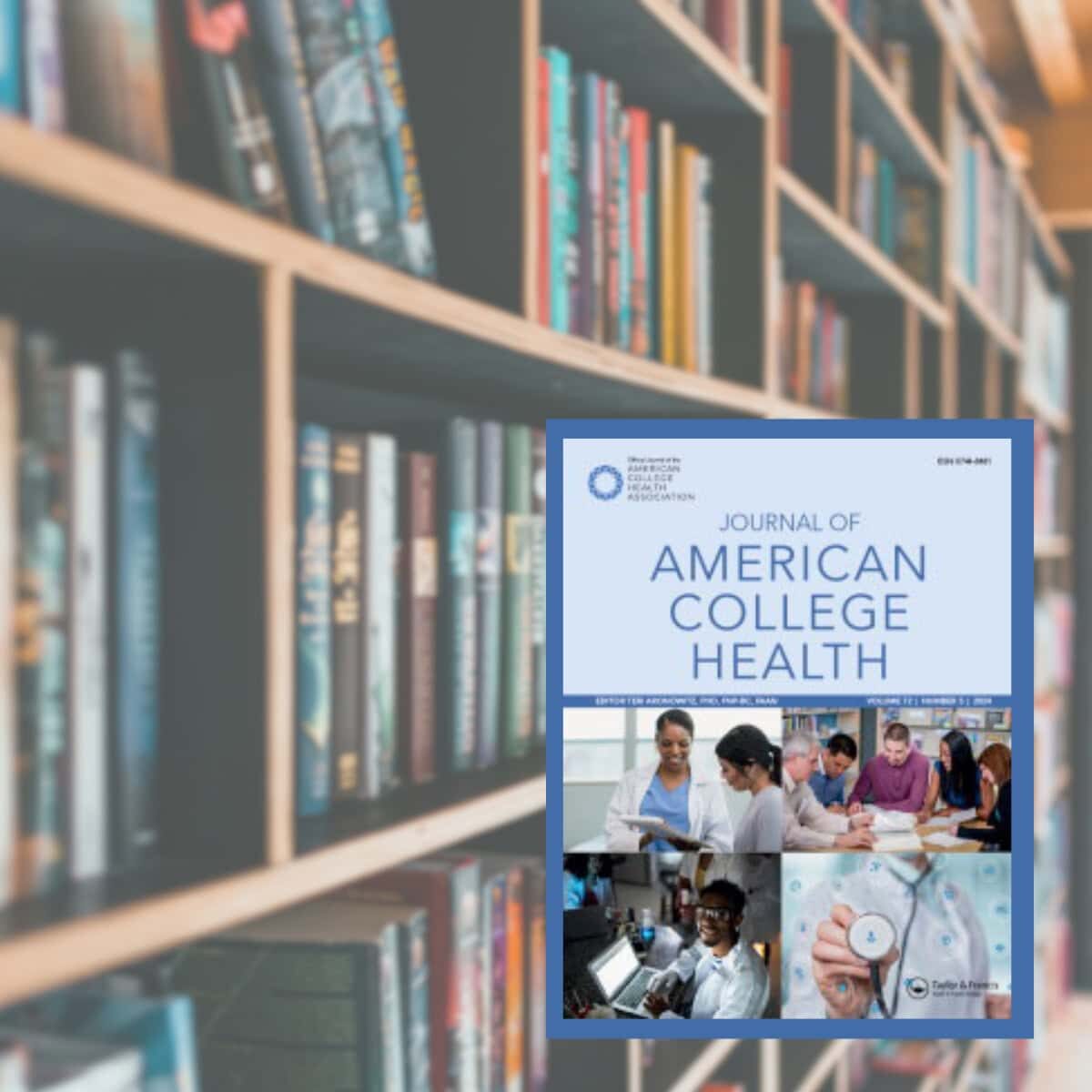 A cover of the Journal of American College Health on top of a background of library bookshelves