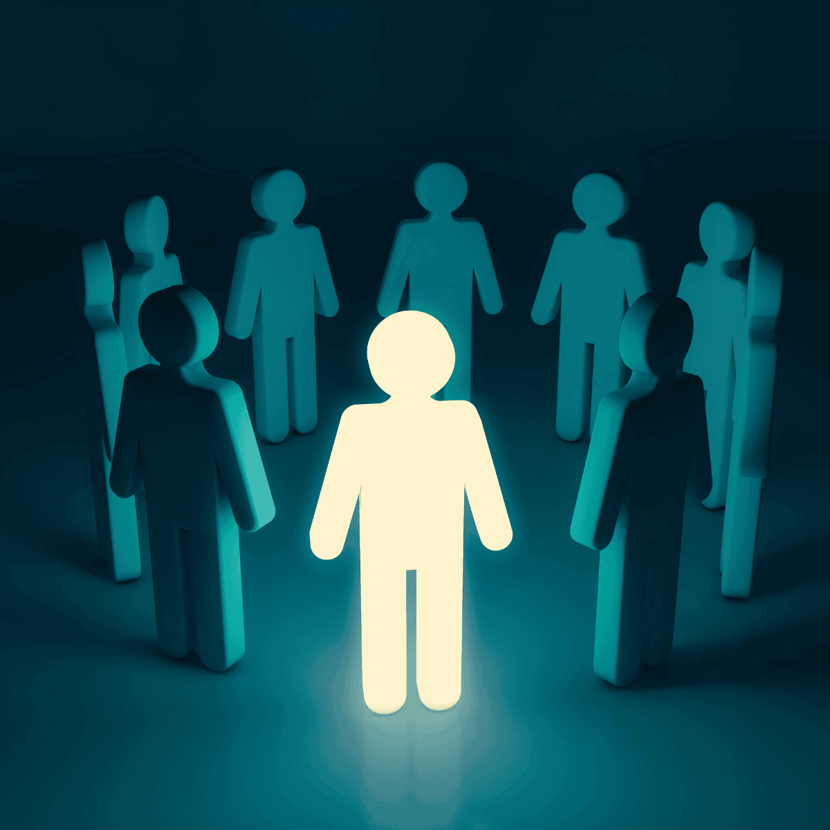 A circle of people made of of blocks, with the front-center person glowing to stand out and indicate leadership