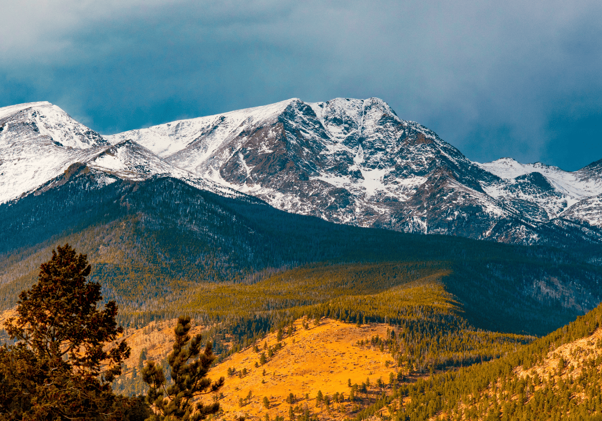 Rocky Mountain National Park - tree-filled peaks and valleys in the sun, with snow-covered Rocky Mountains in the background