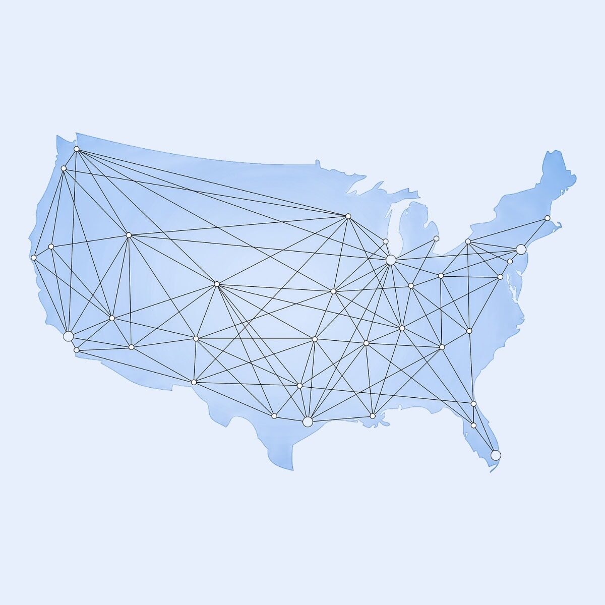 A map of the United States with a networking web on top connecting cities